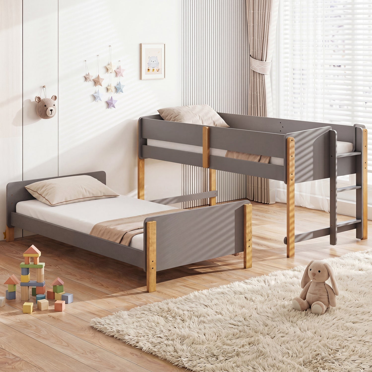 Twin Over Twin Bunk Bed with Convertible Design and Ladder