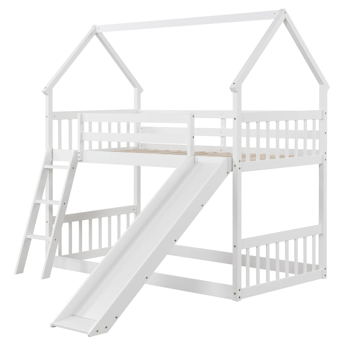 Twin Over Twin House Bunk Bed with Slide and Ladder-White