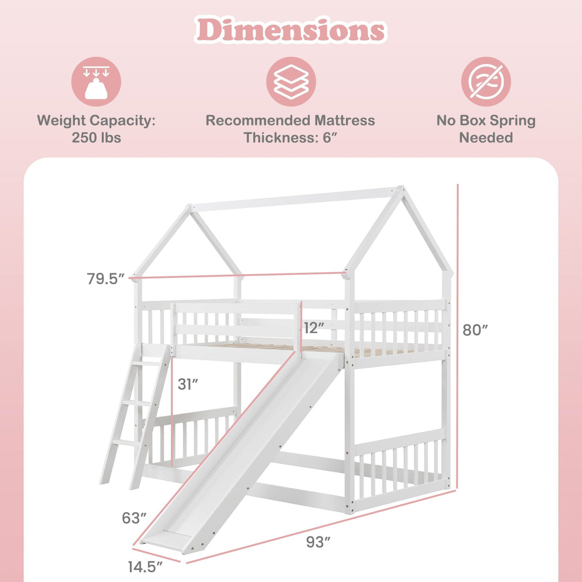 Twin Over Twin House Bunk Bed with Slide and Ladder-White