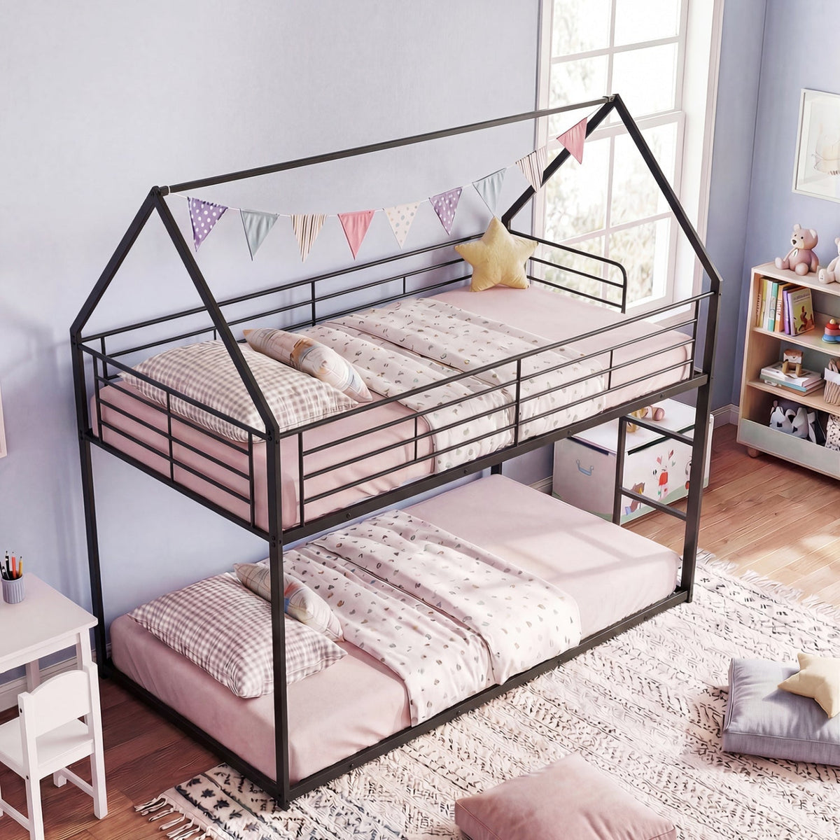 Twin Over Twin Metal Bunk Bed with Roof and Ladder