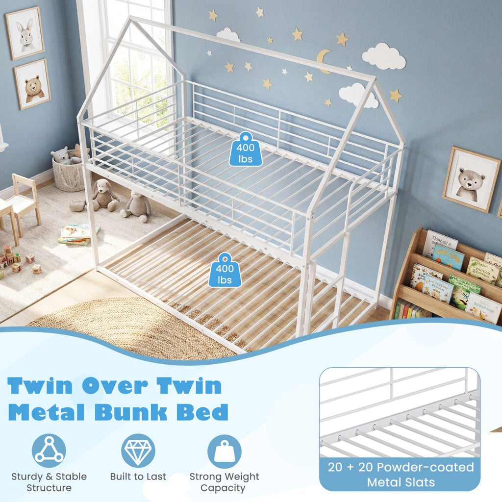Twin Over Twin Metal Bunk Bed with Roof and Ladder
