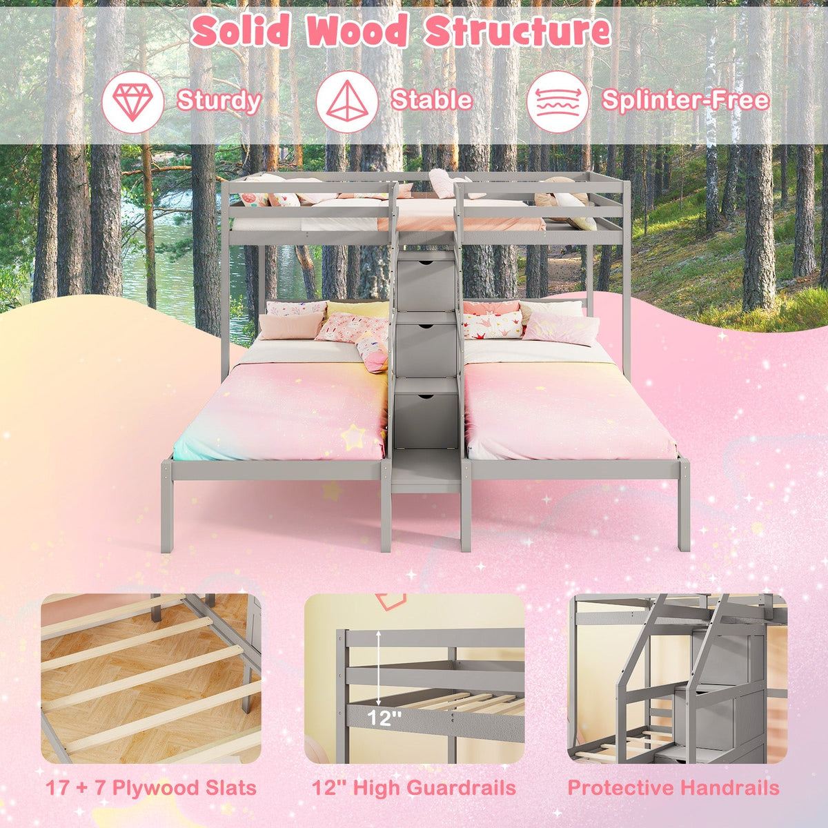 Twin Over Twin and Twin Bunk Bed with Storage Staircase and Guardrail for 3 Kids Teens