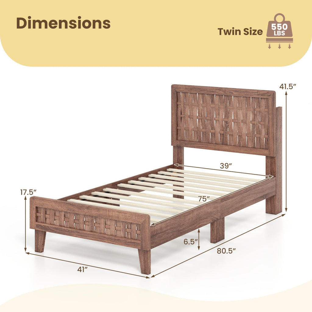 Twin Size Bed Frame Mid Century with Woven Accent Headboard