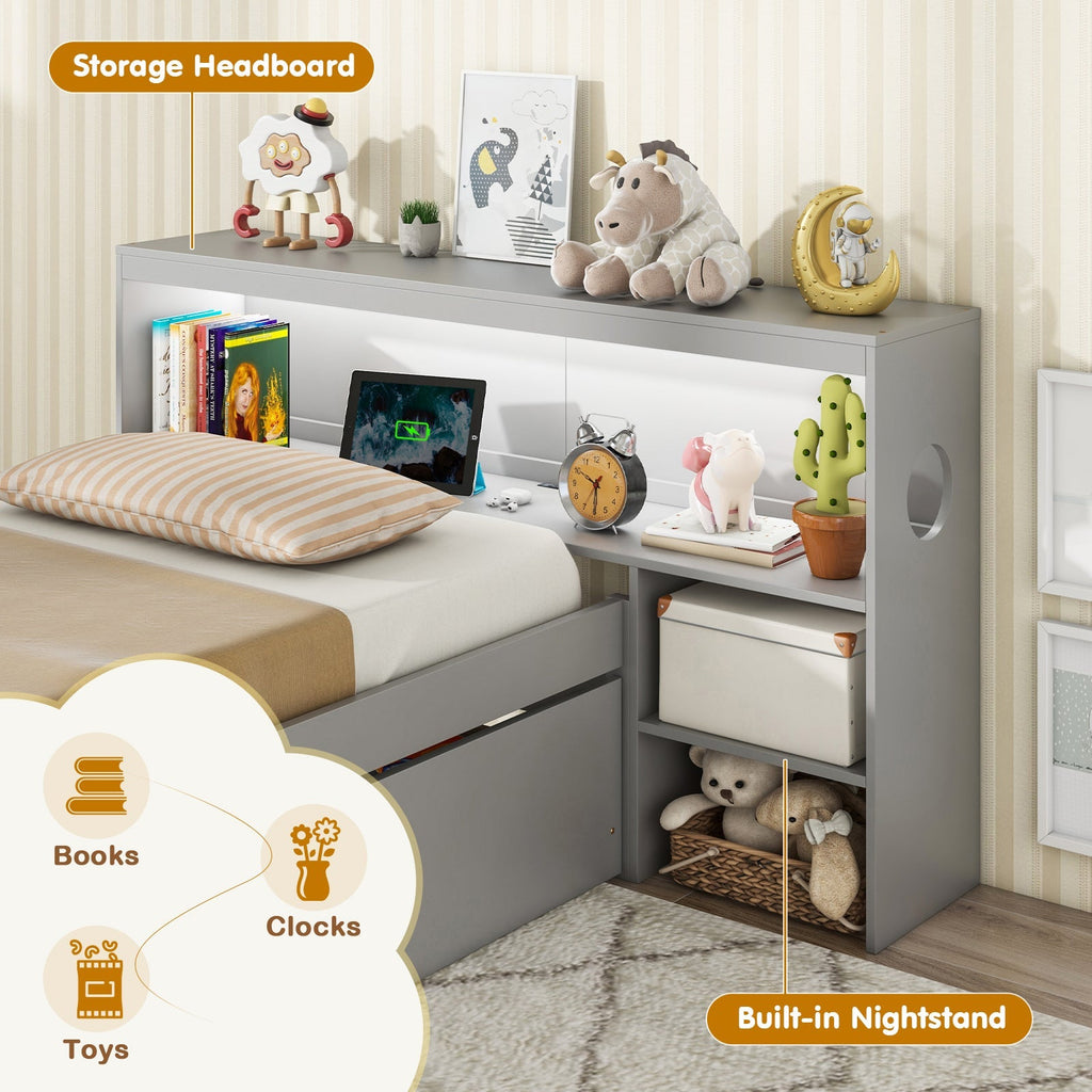 Twin Size Bed Frame with LED Light and Bookcase Headboard