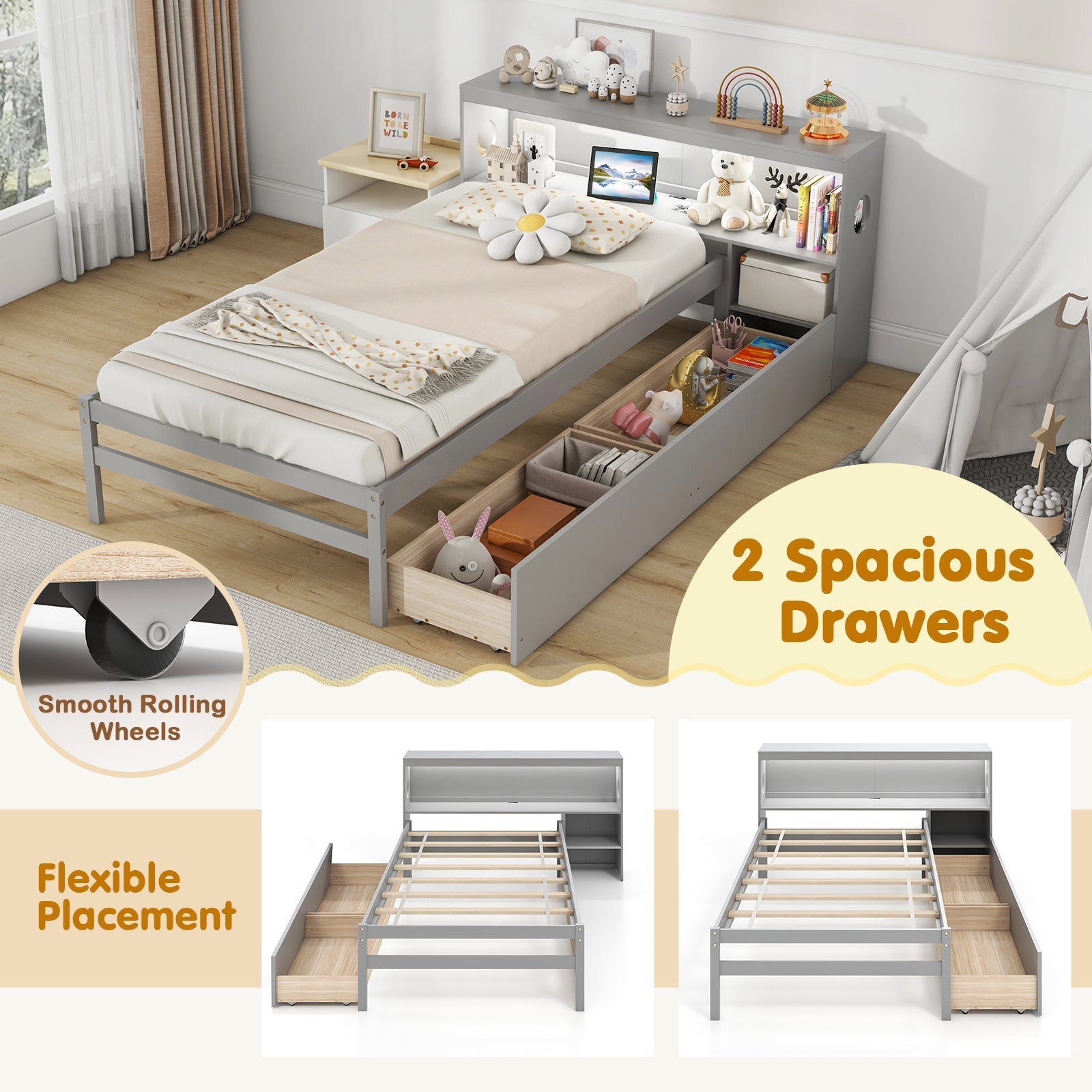 Twin Size Bed Frame with LED Light and Bookcase Headboard