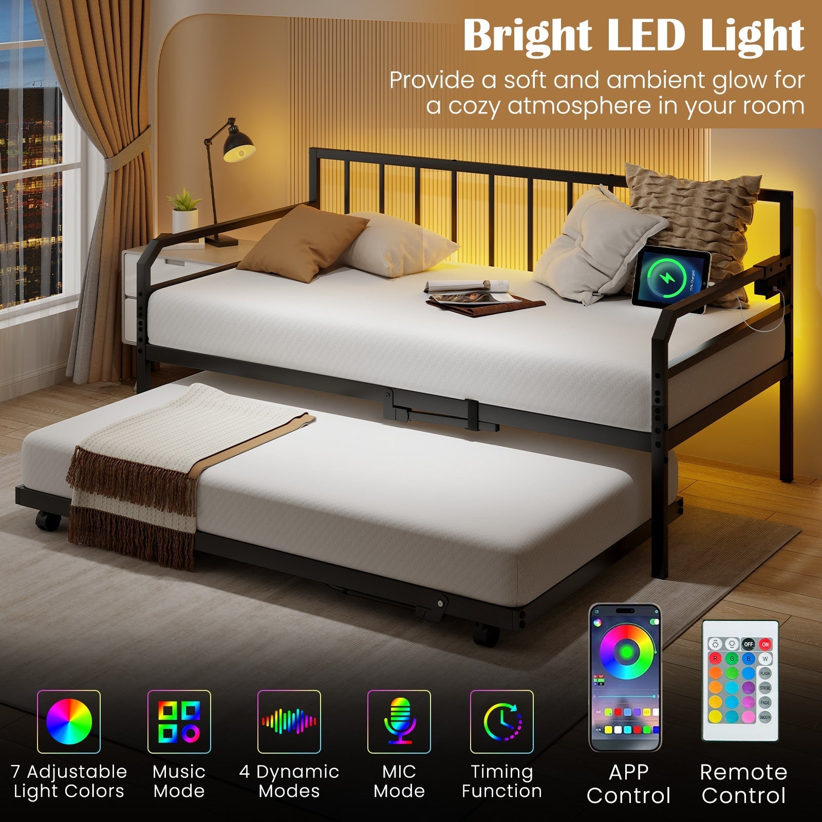 Adjustable Metal Twin Size Daybed with Charging Station and LED Light