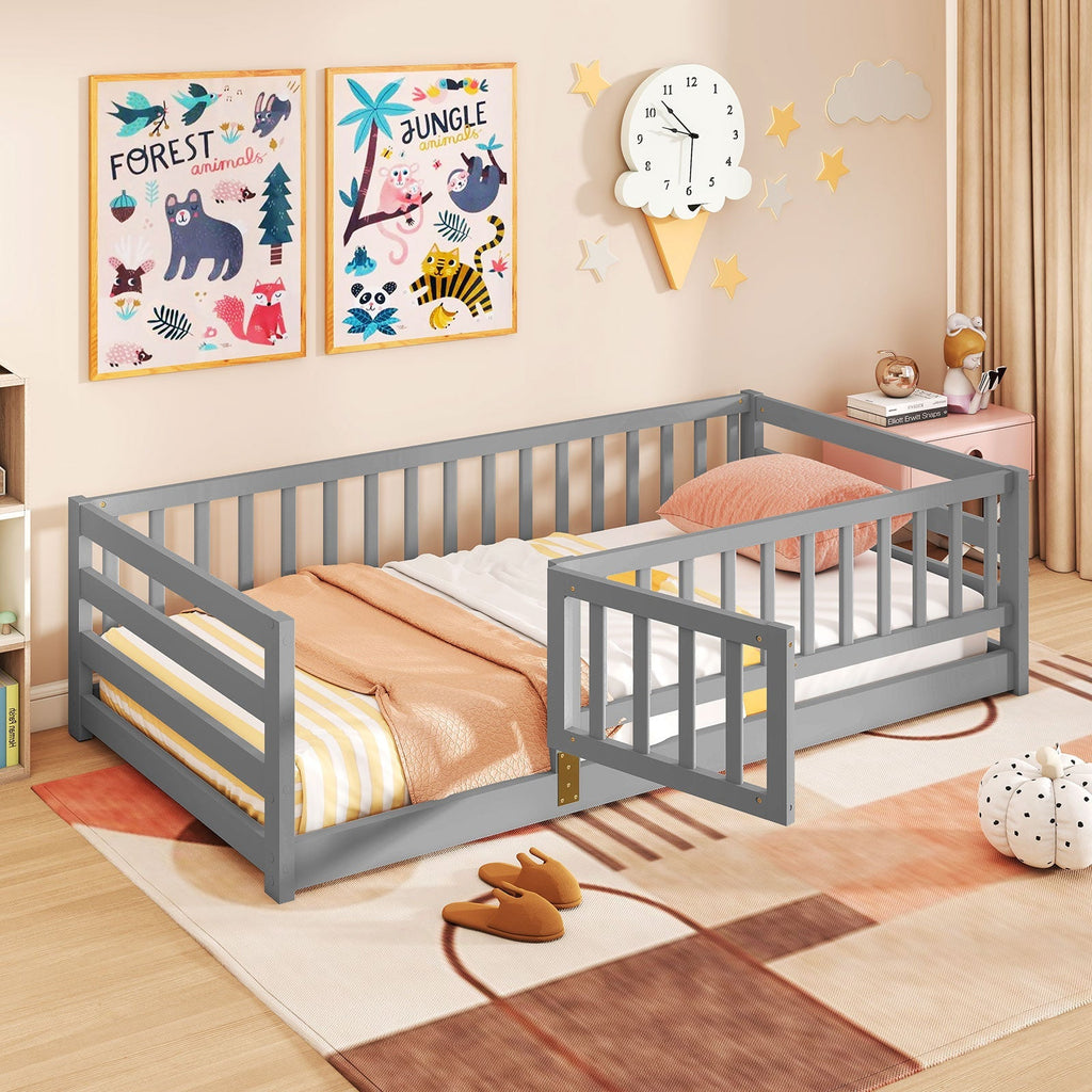 Twin Size Floor Bed with High Fence and Door Playhouse for Kids