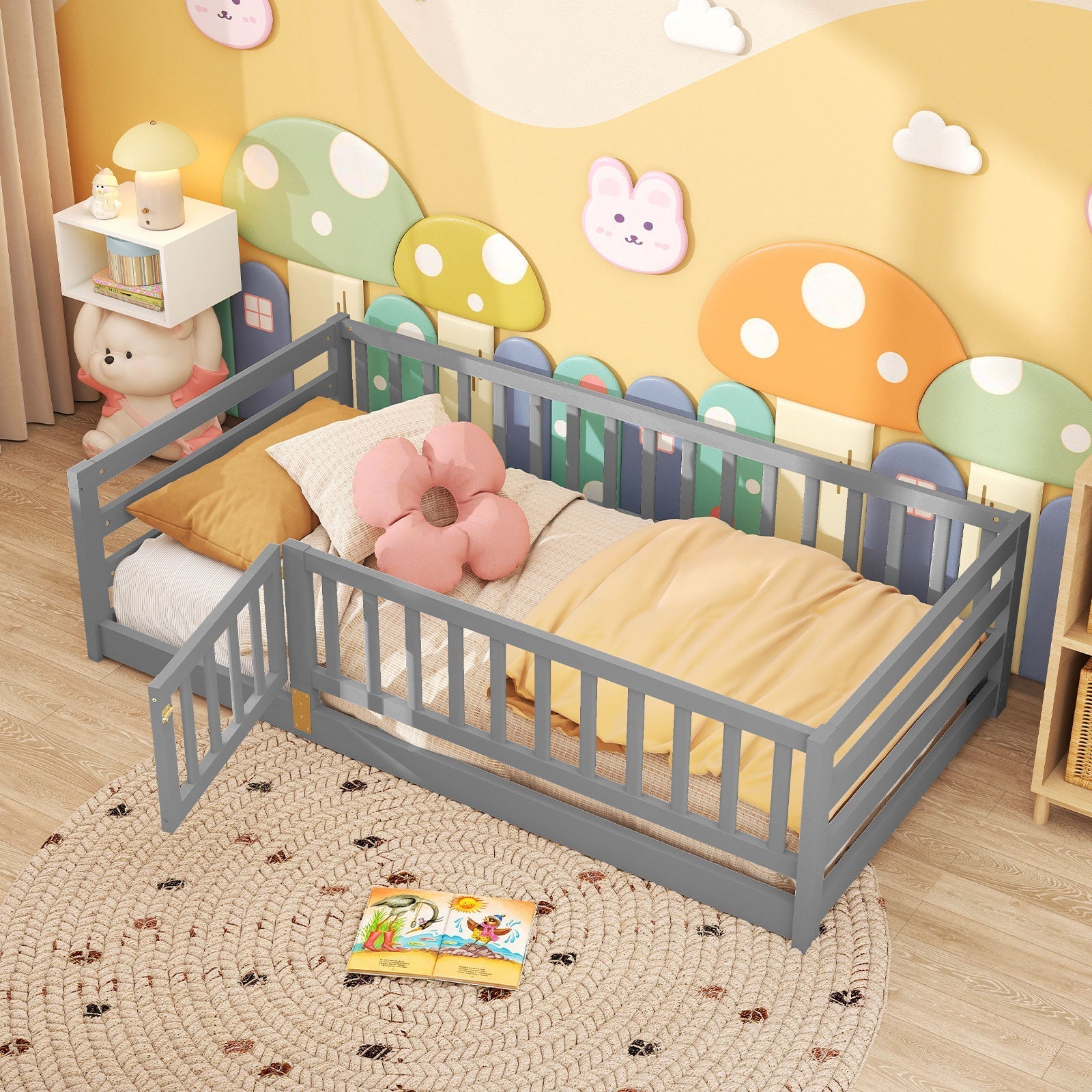 Twin Size Floor Bed with High Fence and Door Playhouse for Kids