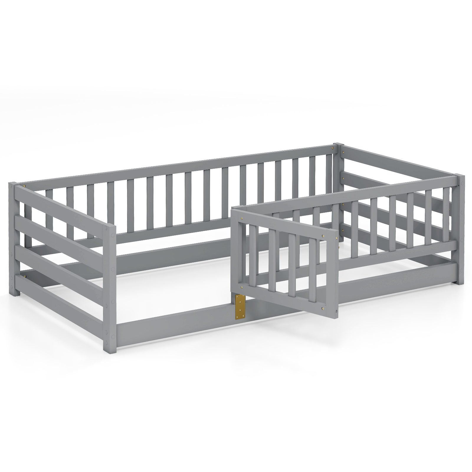 Twin Size Floor Bed with High Fence and Door Playhouse for Kids