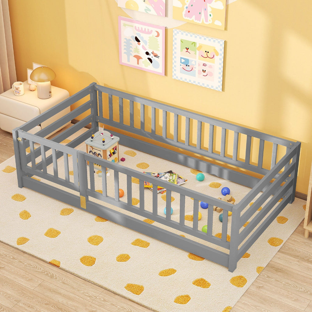 Twin Size Floor Bed with High Fence and Door Playhouse for Kids