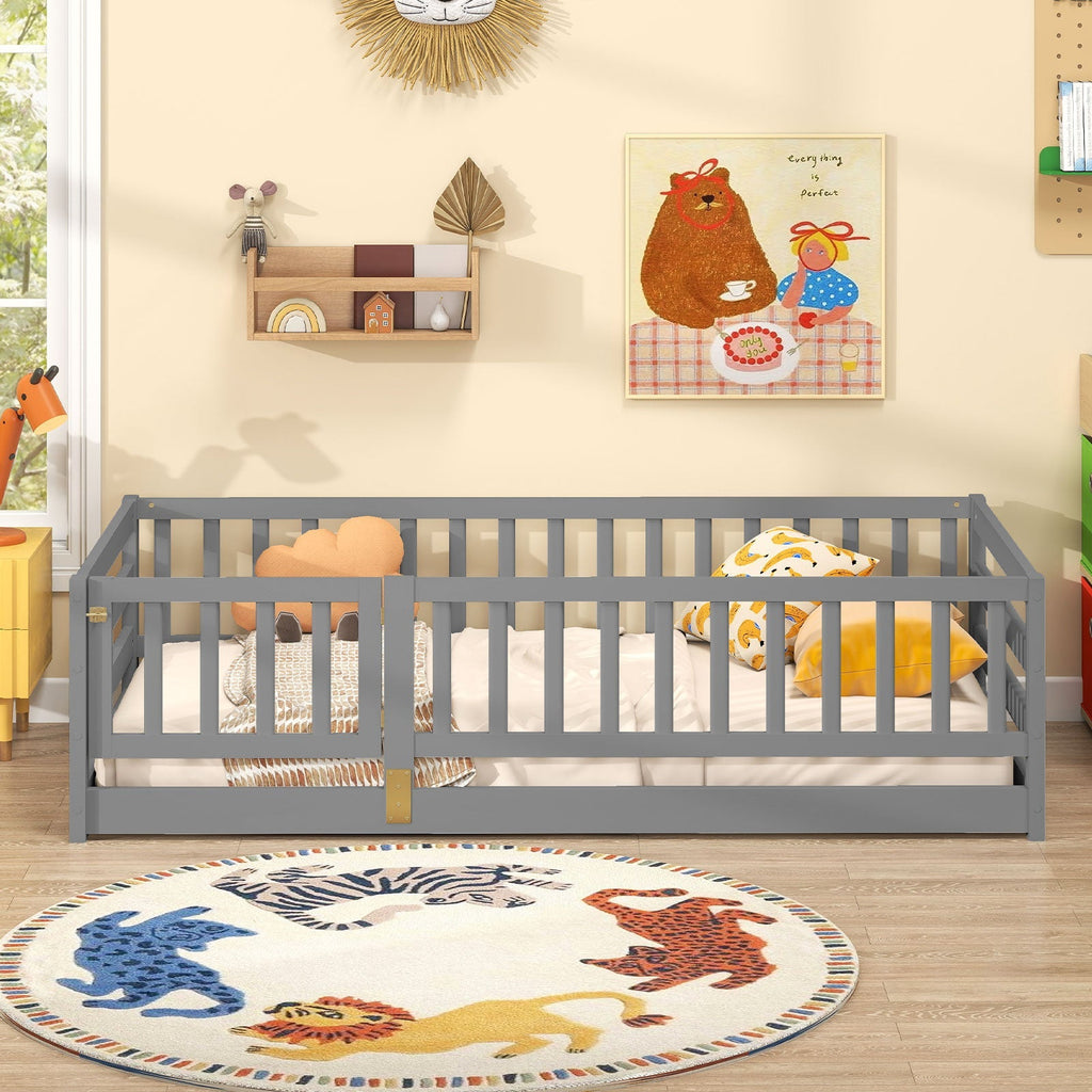 Twin Size Floor Bed with High Fence and Door Playhouse for Kids