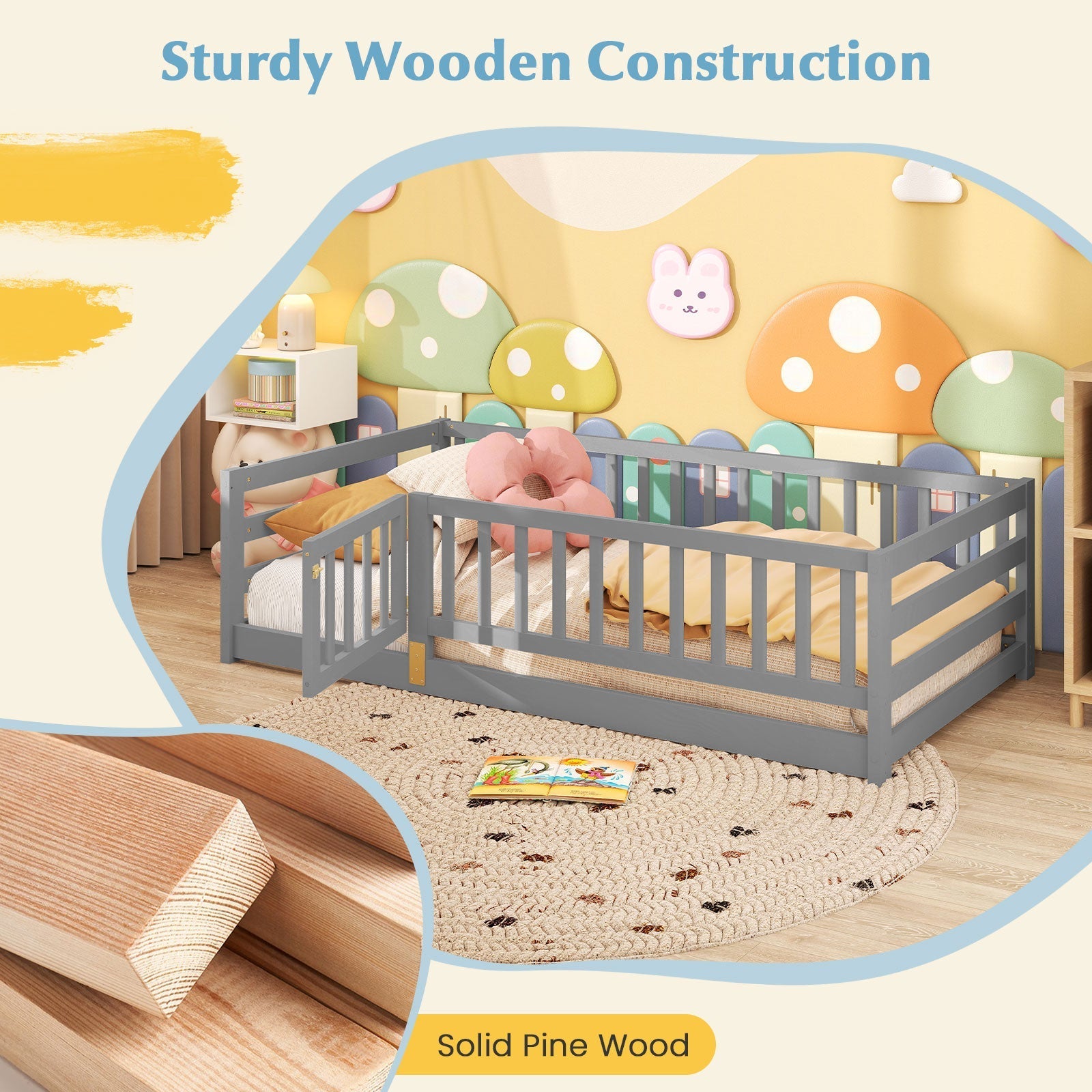 Twin Size Floor Bed with High Fence and Door Playhouse for Kids