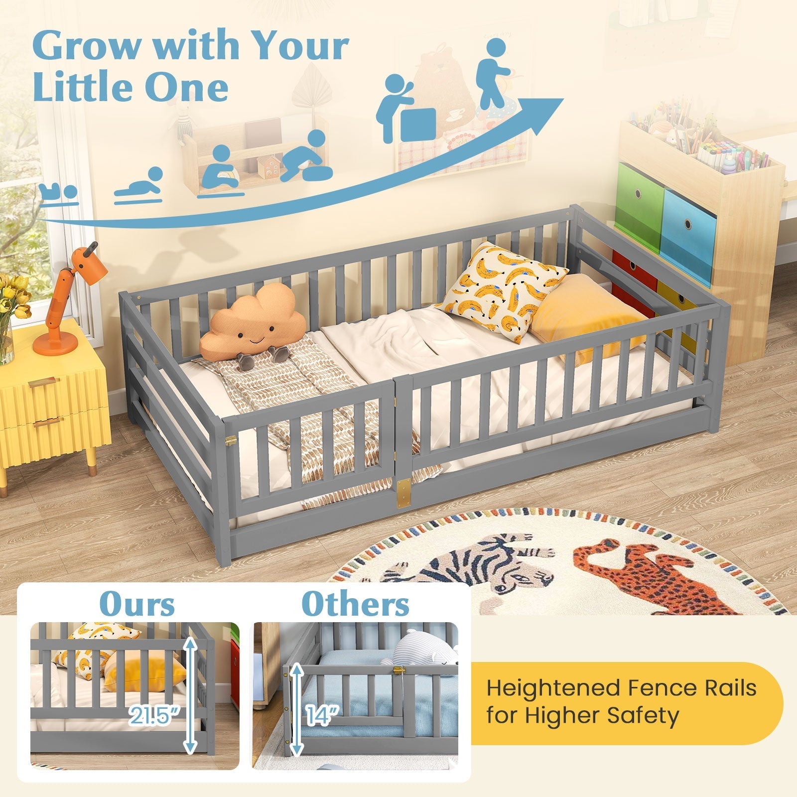 Twin Size Floor Bed with High Fence and Door Playhouse for Kids