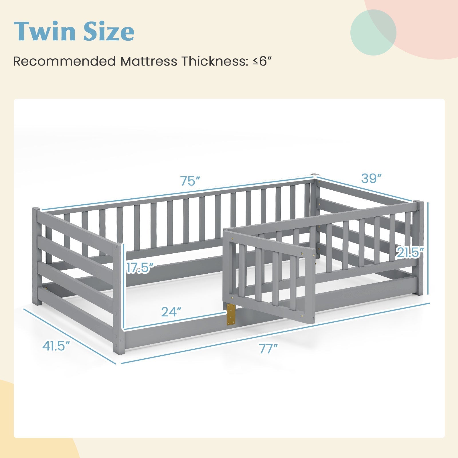 Twin Size Floor Bed with High Fence and Door Playhouse for Kids