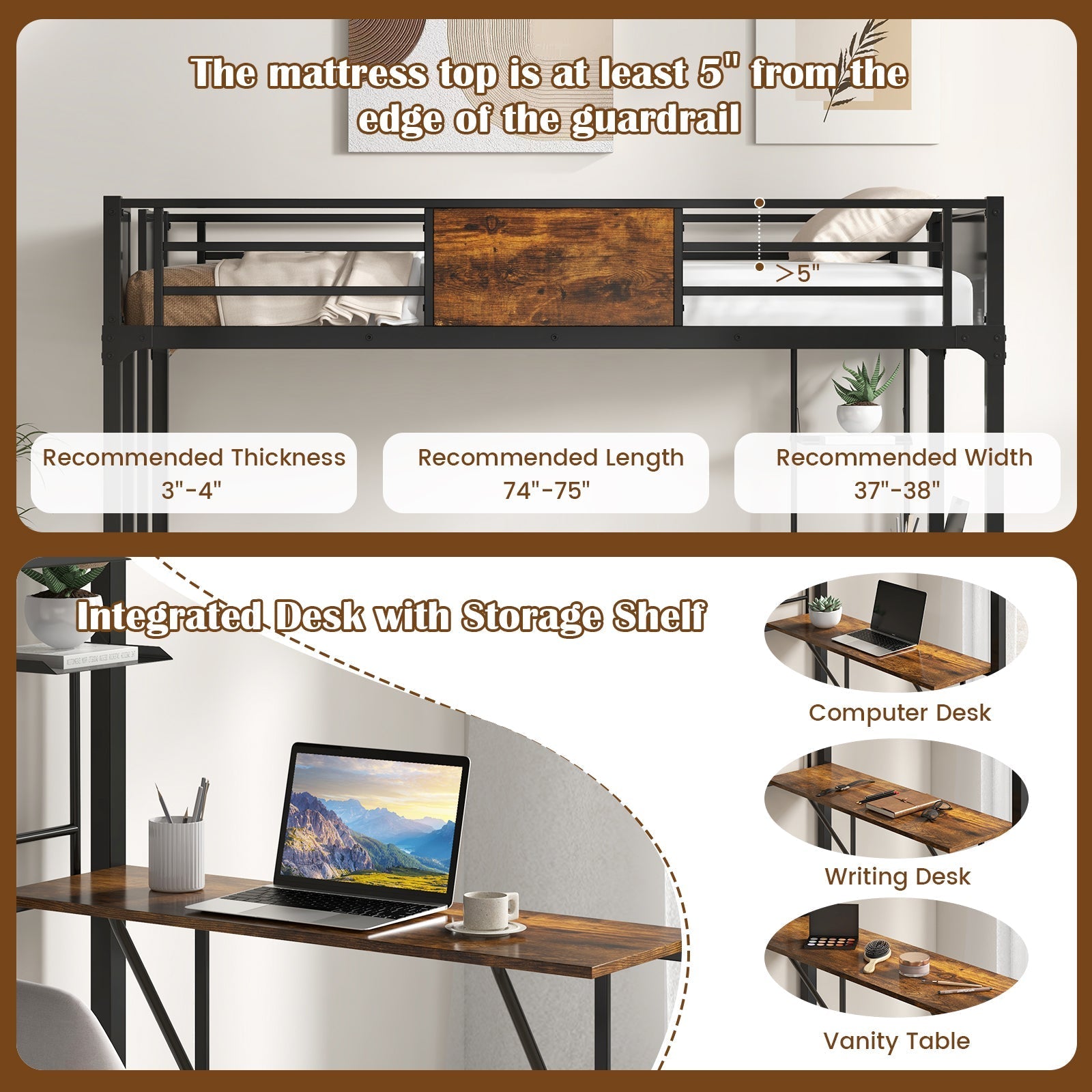 Twin Size Industrial Metal Loft Bed with Desk Storage Shelf and Build-in Ladder-Twin Size