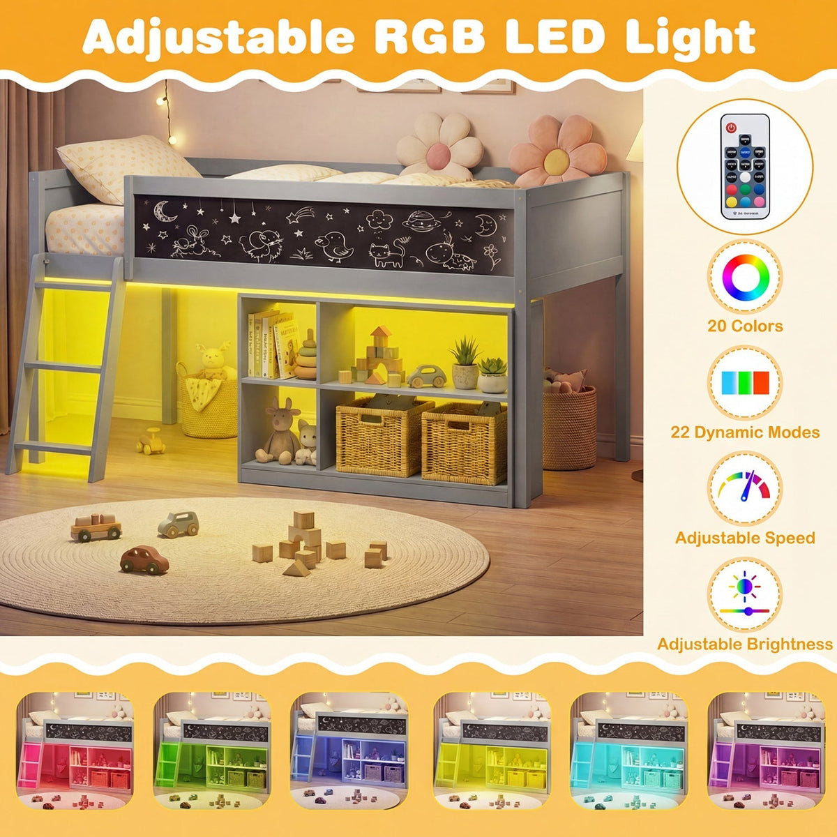 Twin Size Kids Loft Bed with LED Lights and Removable Bookcase