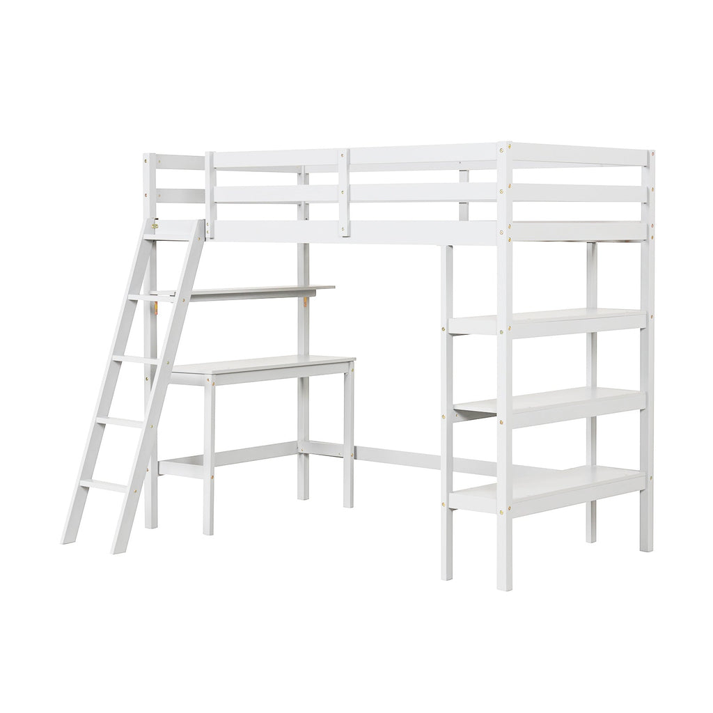 Twin Size Loft Bed with Desk and Bookshelves for Kids and Teens