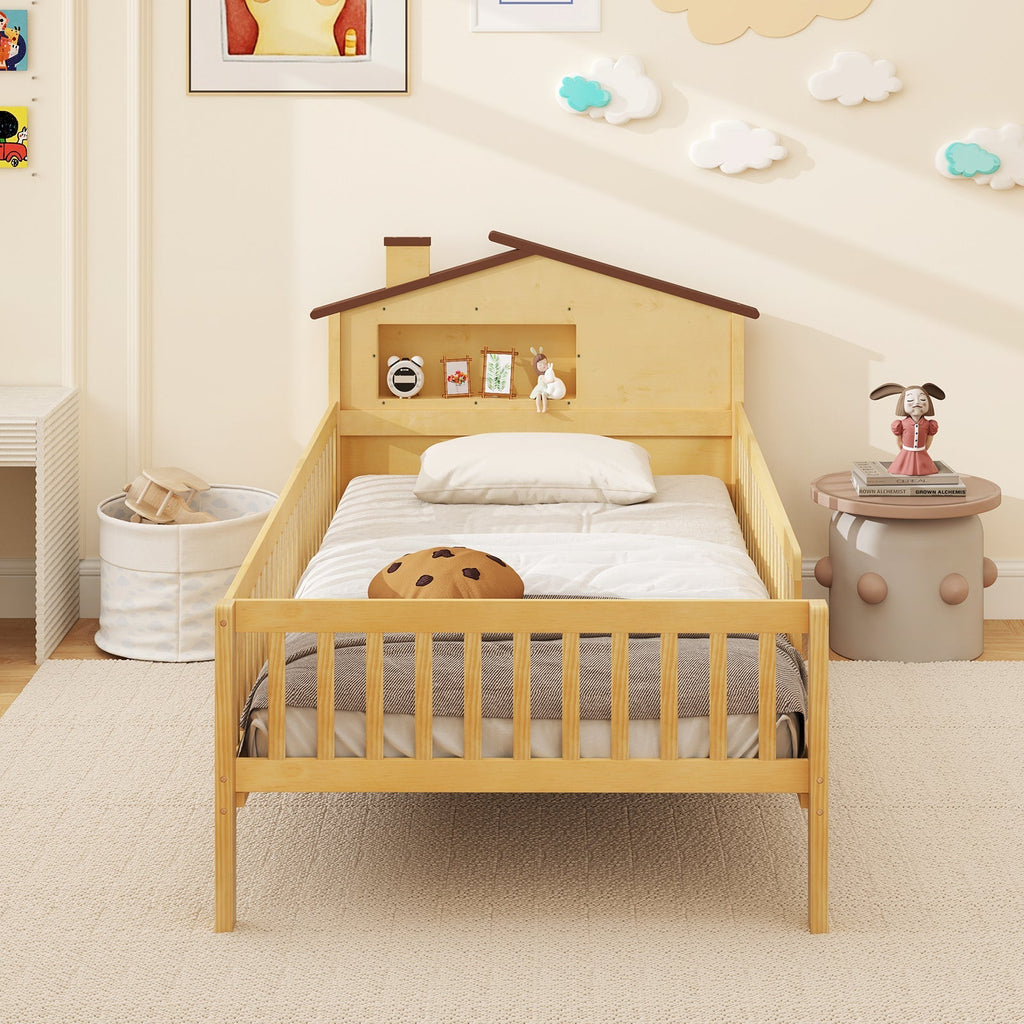 Twin Size Kids Montessori Bed with House-Shaped Headboard and Built-in Storage Shelf