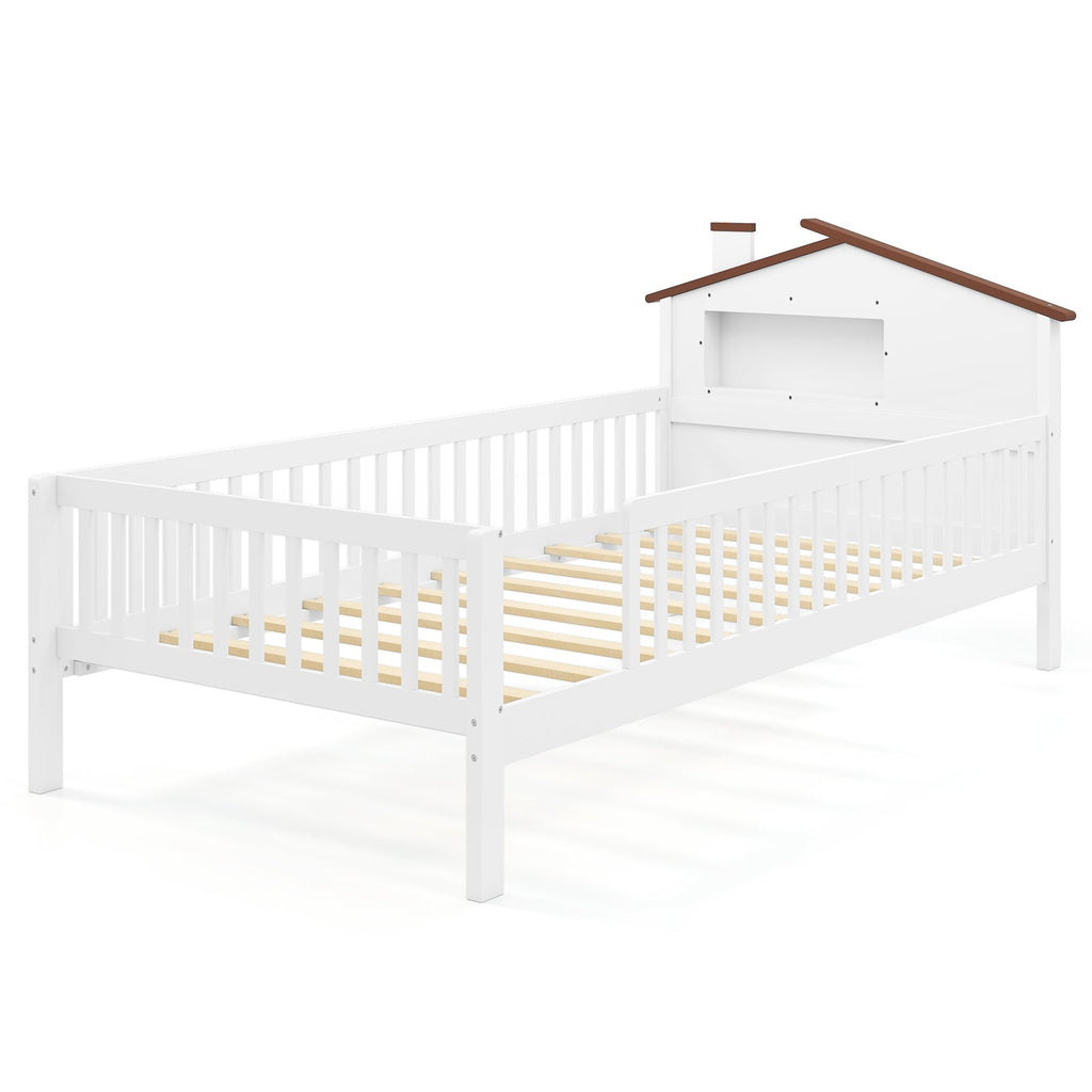 Twin Size Kids Montessori Bed with House-Shaped Headboard and Built-in Storage Shelf