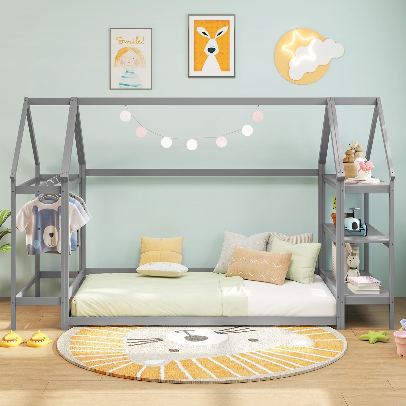 Twin Size Montessori Floor House Bed with Detachable Storage Shelves