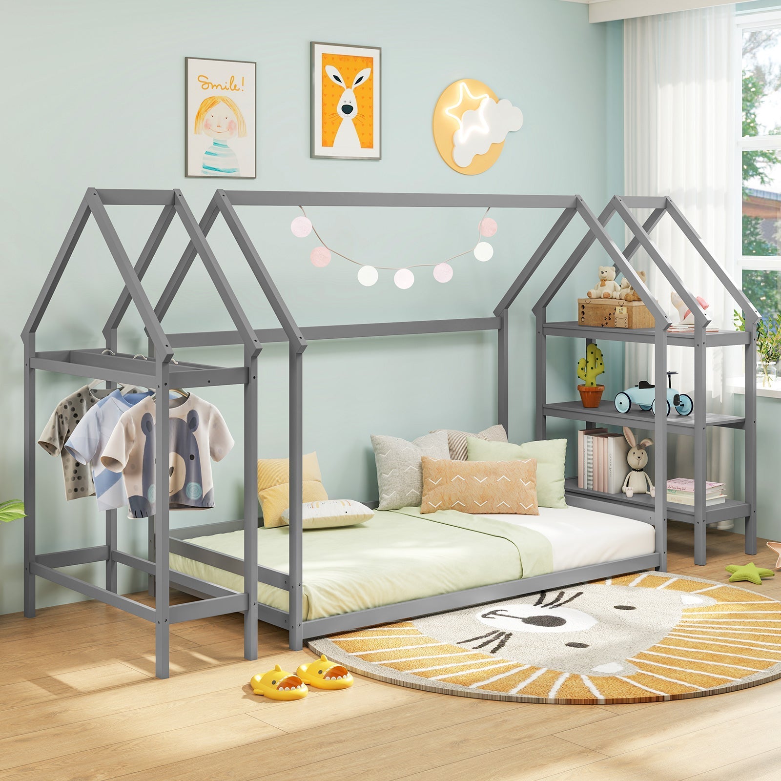 Twin Size Montessori Floor House Bed with Detachable Storage Shelves