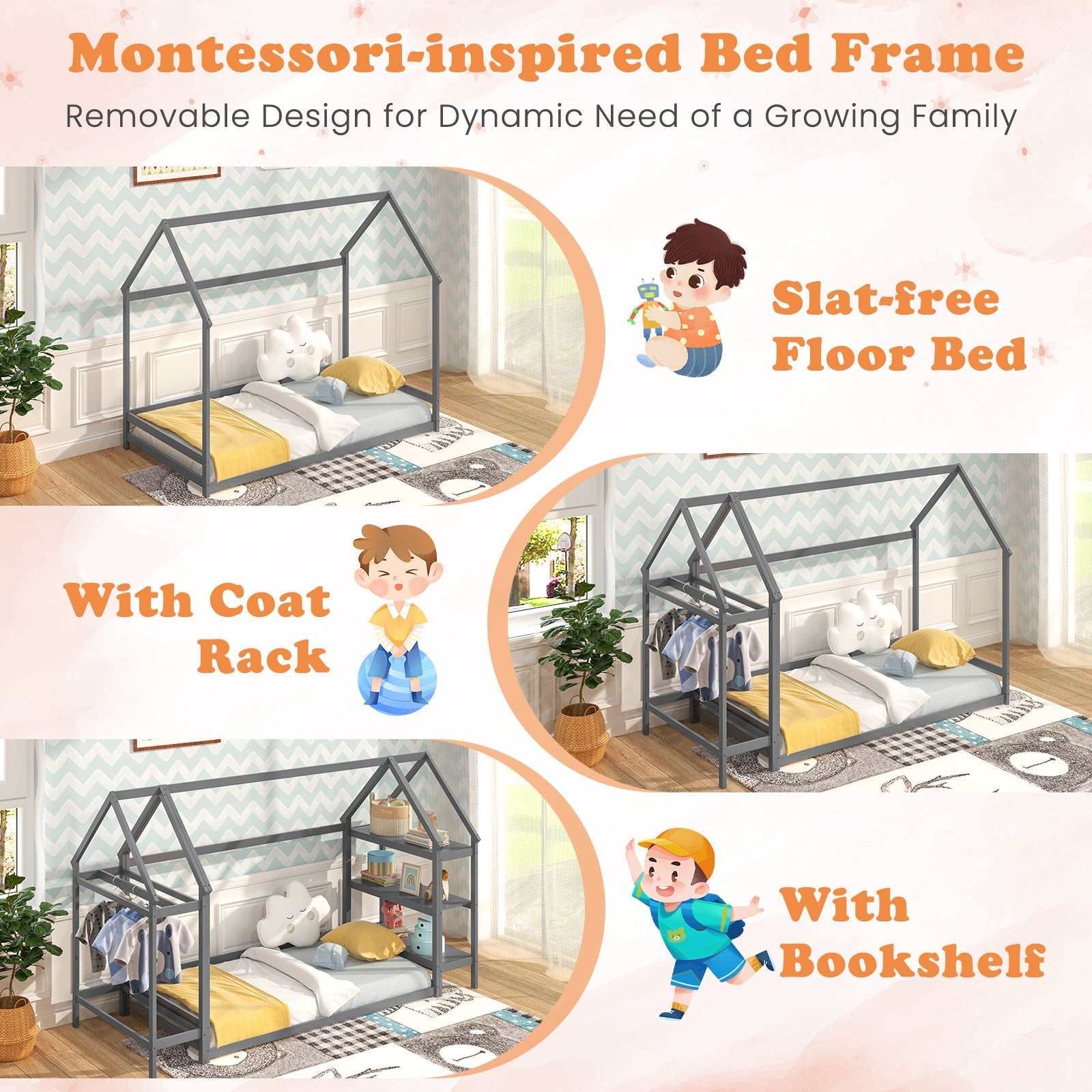Twin Size Montessori Floor House Bed with Detachable Storage Shelves