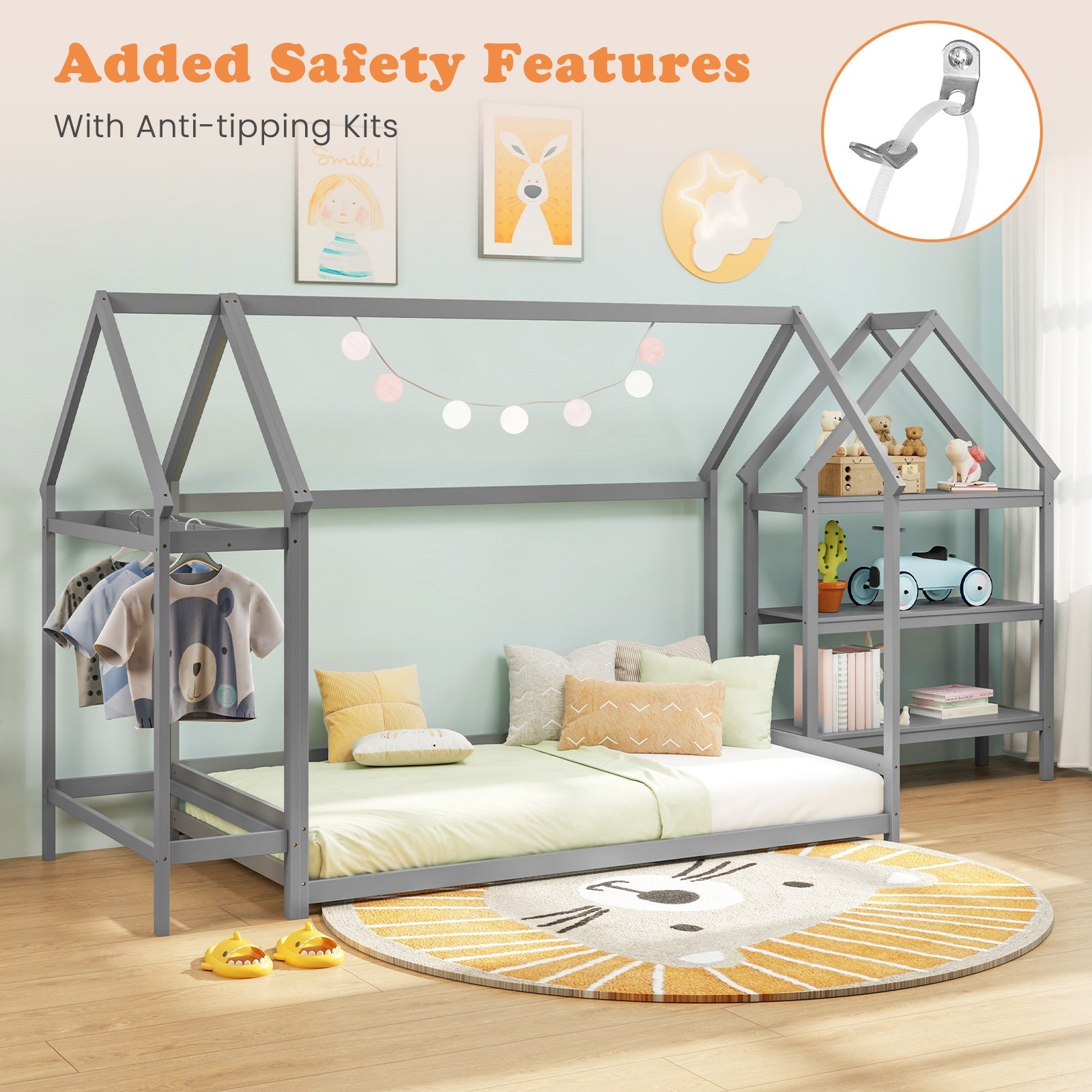 Twin Size Montessori Floor House Bed with Detachable Storage Shelves