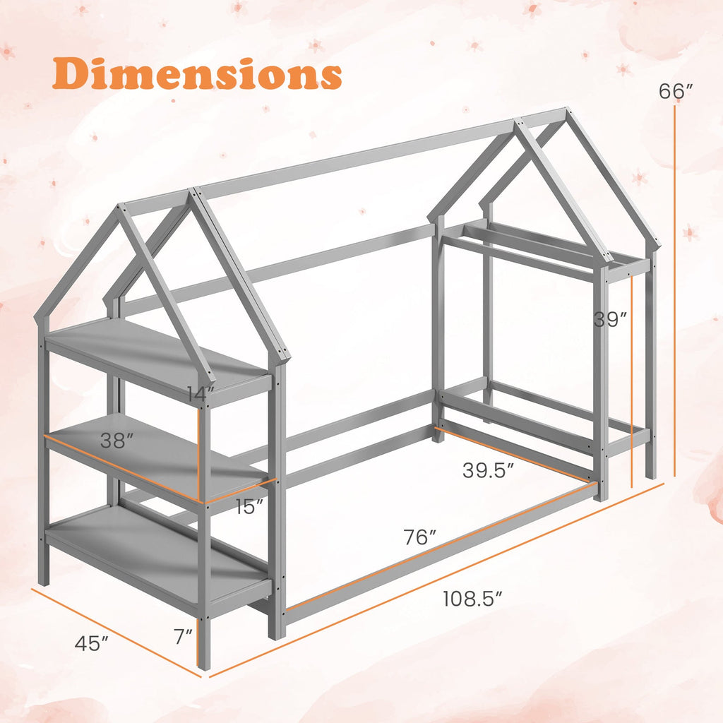 Twin Size Montessori Floor House Bed with Detachable Storage Shelves