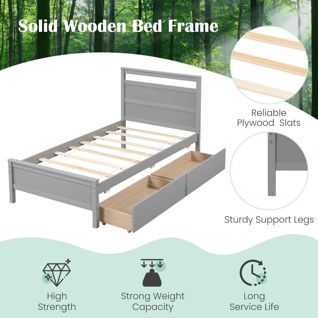 Twin Size Wooden Bed Frame with 2 Drawers for Teens and Adults