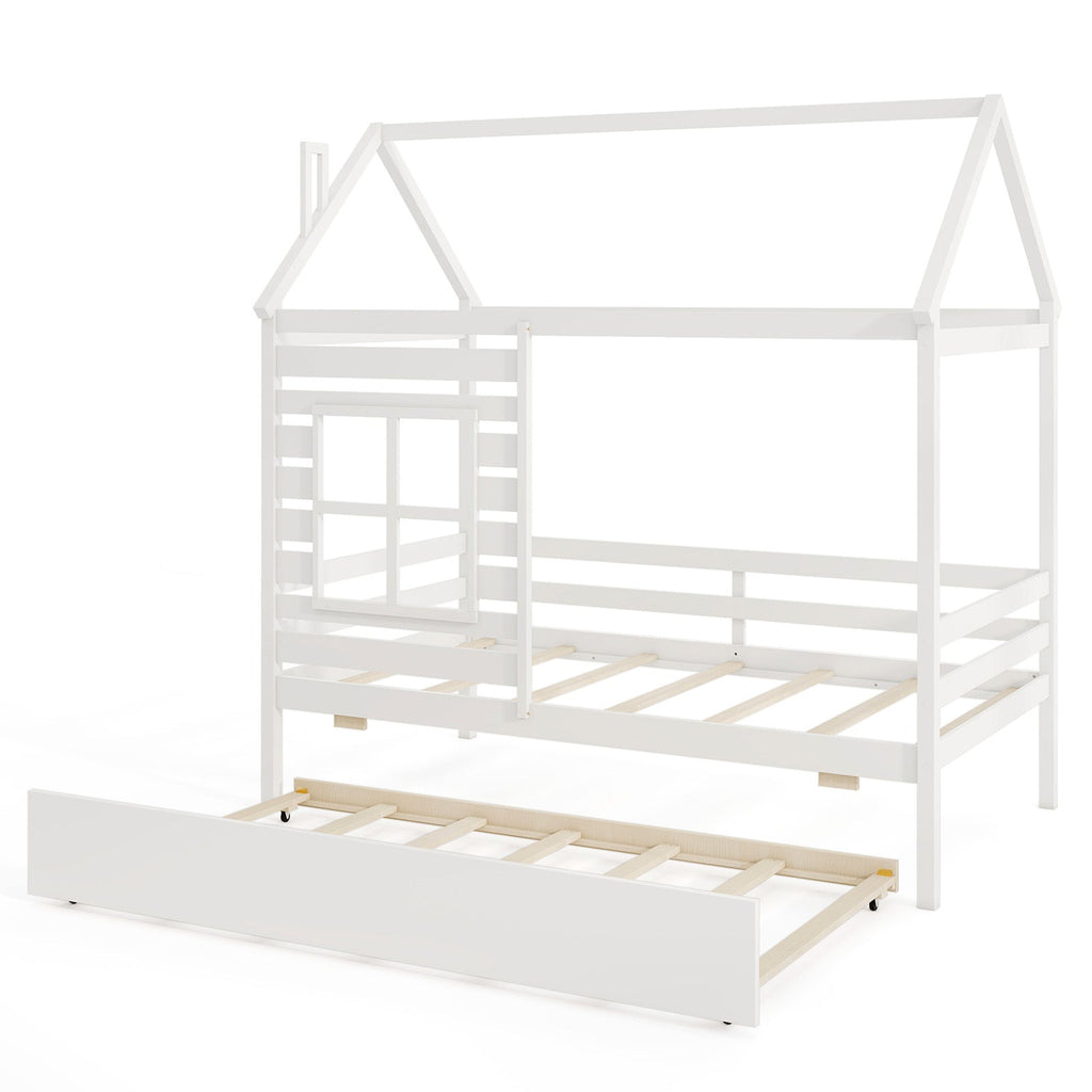 Twin Size Wooden Platform House Bed with Trundle and Roof