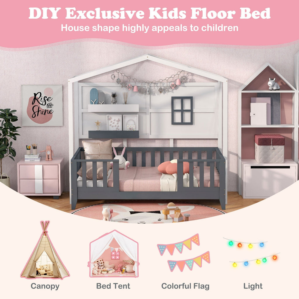 Twin Wood House Bed Montessori Floor Bed with 2 Shelves and Guardrails-Gray & White