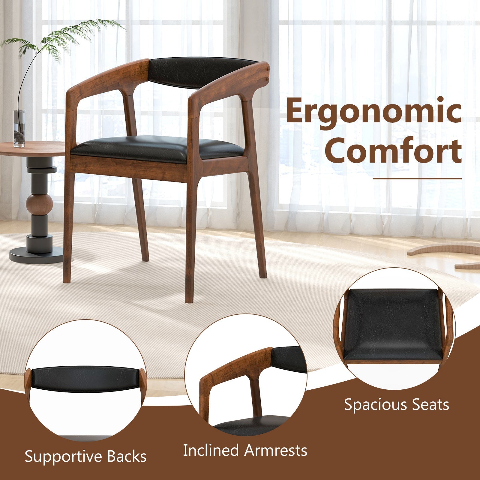 Upholstered Armchairs Set of 2 with Cozy Backrest and Padded Seat Cushion-Brown