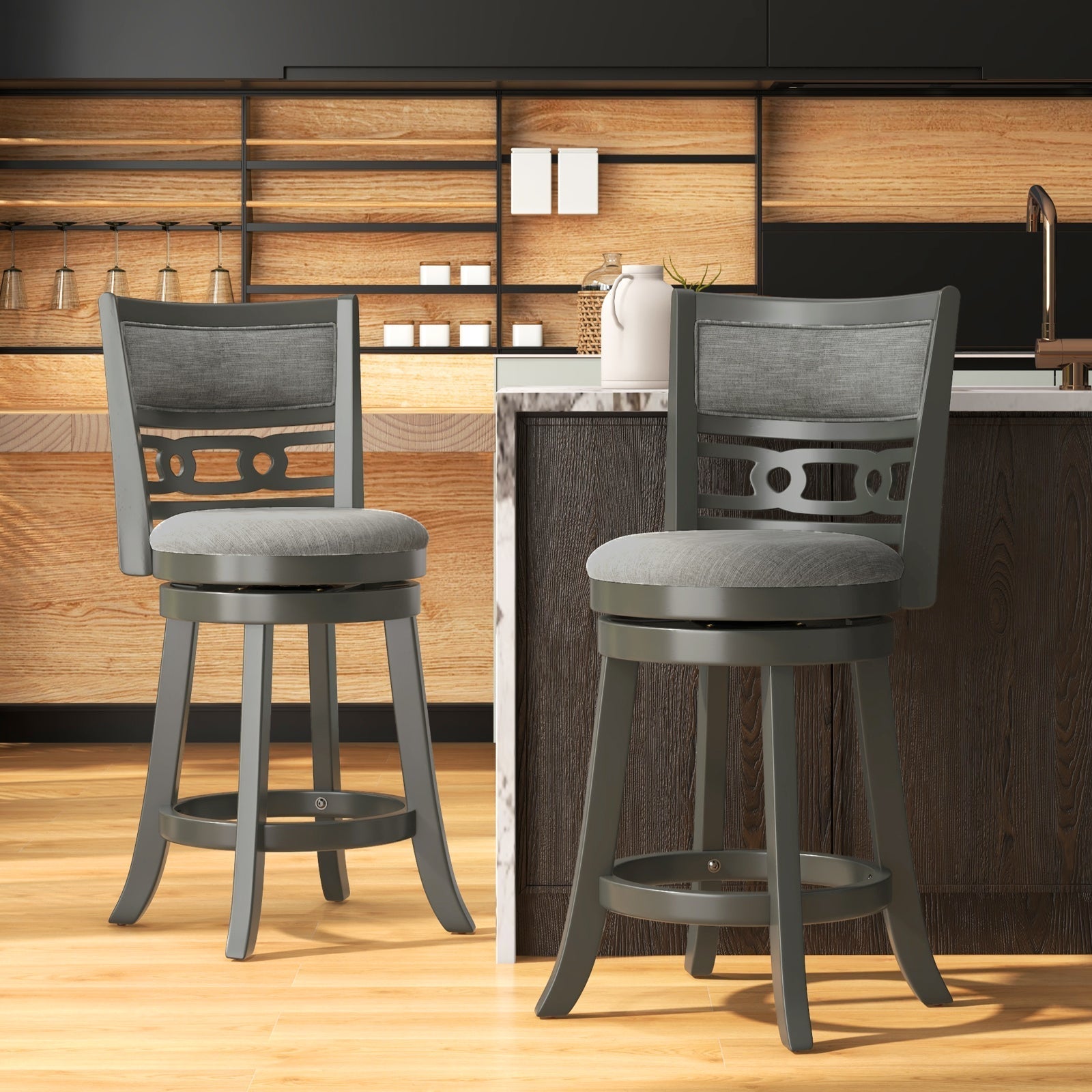 26" Counter Height Bar Chair with Wooden Frame Swivel Seat and Footrest for Pub Bar Restaurant
