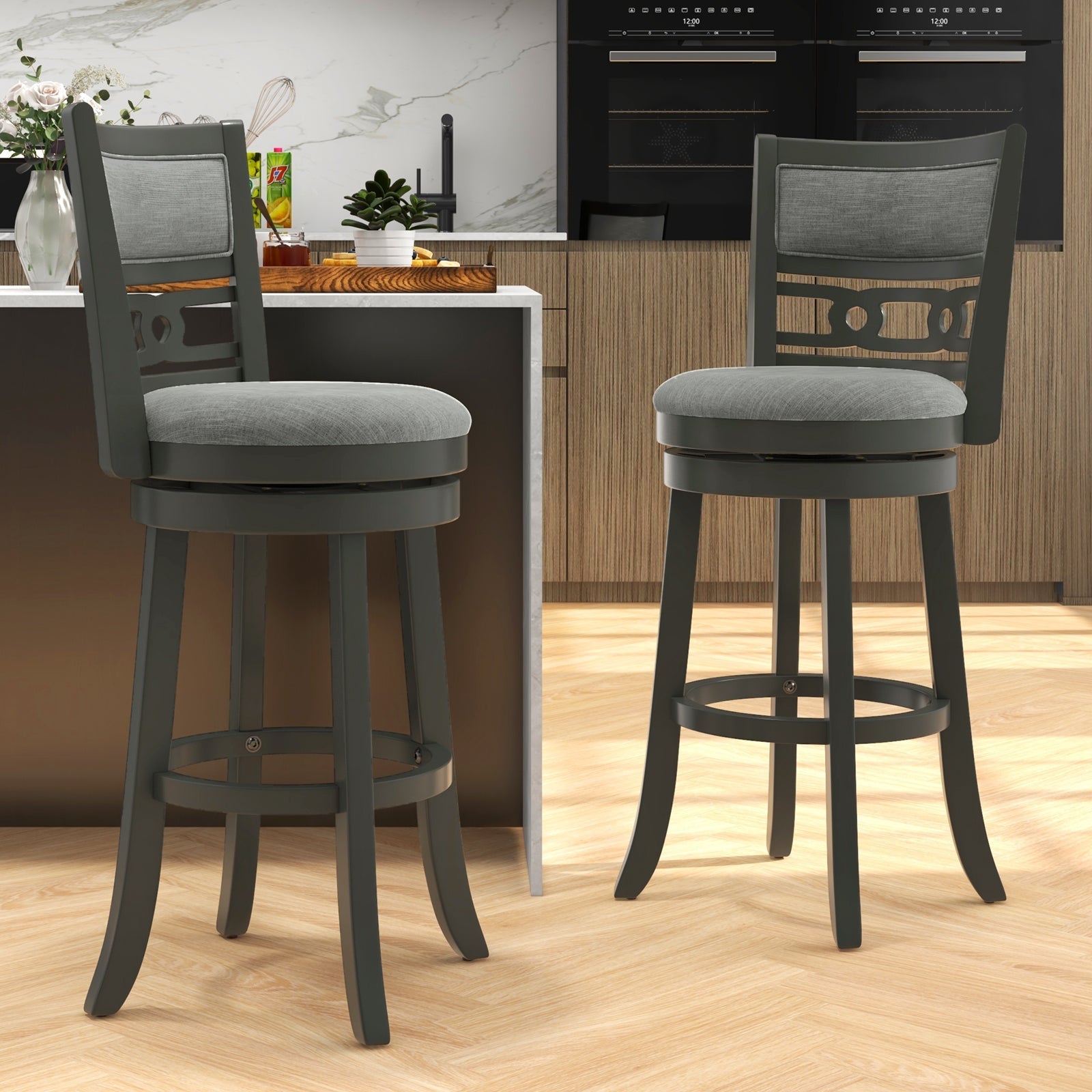 26" Counter Height Bar Chair with Wooden Frame Swivel Seat and Footrest for Pub Bar Restaurant