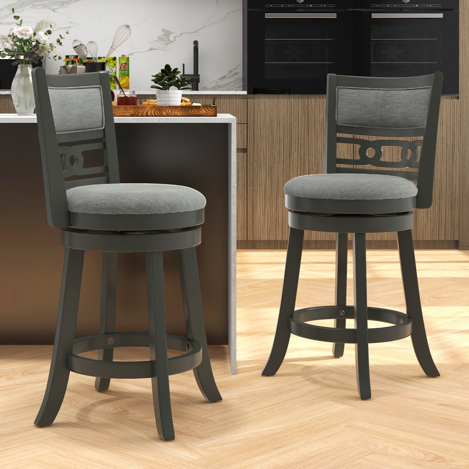26" Counter Height Bar Chair with Wooden Frame Swivel Seat and Footrest for Pub Bar Restaurant