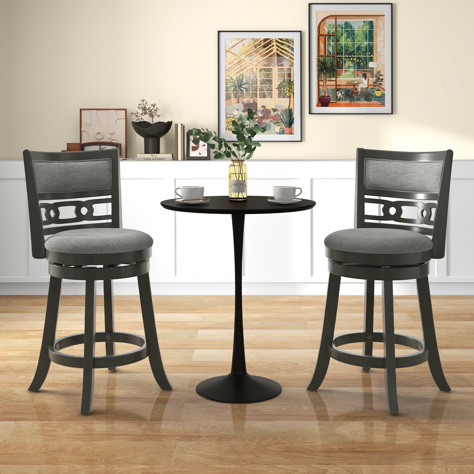 26" Counter Height Bar Chair with Wooden Frame Swivel Seat and Footrest for Pub Bar Restaurant