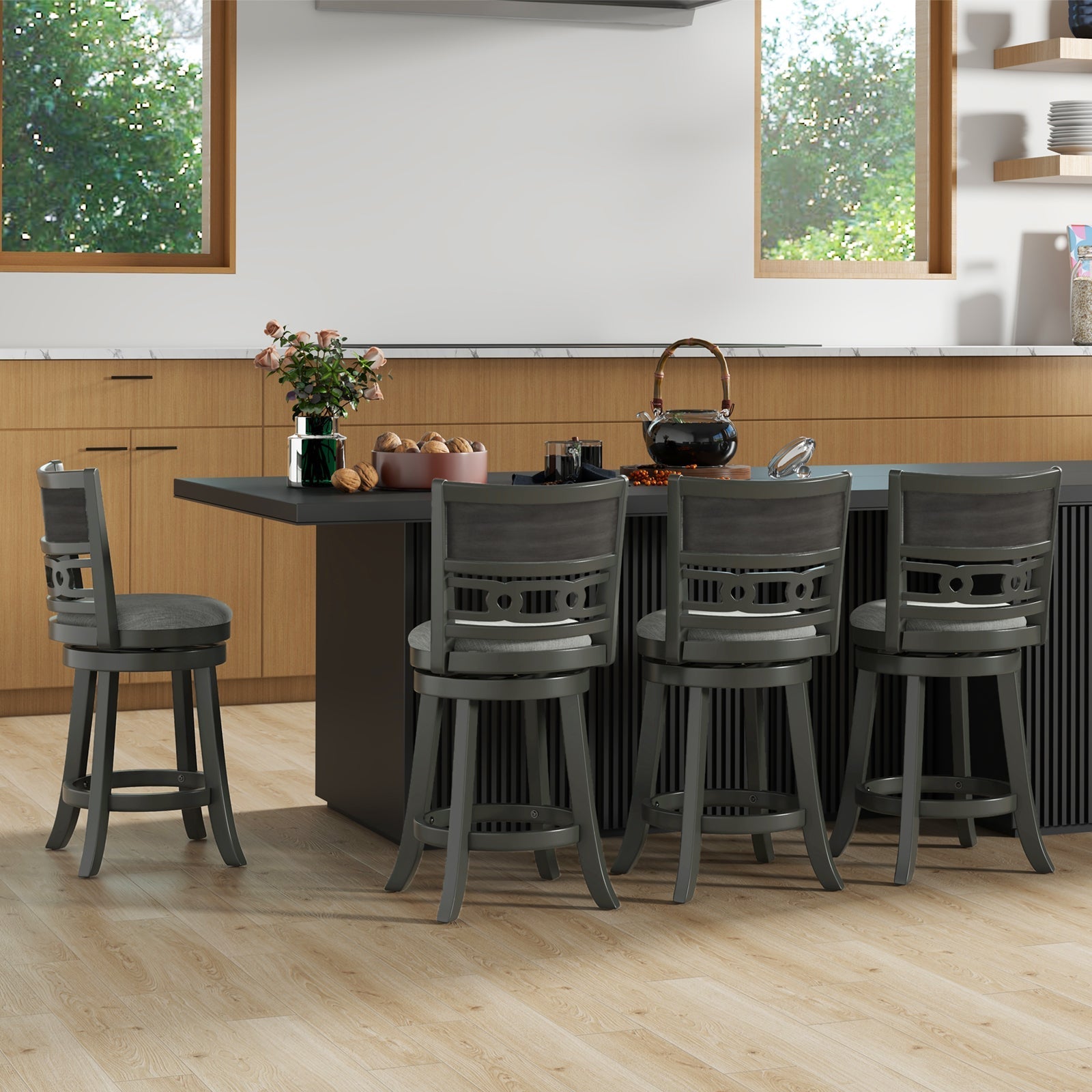 26" Counter Height Bar Chair with Wooden Frame Swivel Seat and Footrest for Pub Bar Restaurant