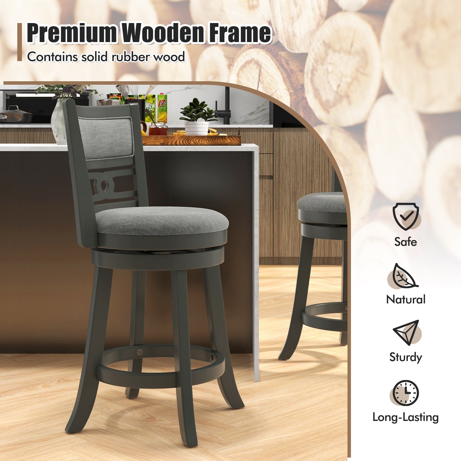 26" Counter Height Bar Chair with Wooden Frame Swivel Seat and Footrest for Pub Bar Restaurant
