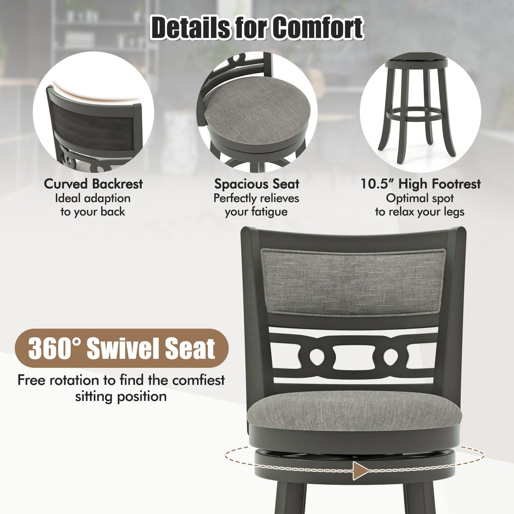 26" Counter Height Bar Chair with Wooden Frame Swivel Seat and Footrest for Pub Bar Restaurant