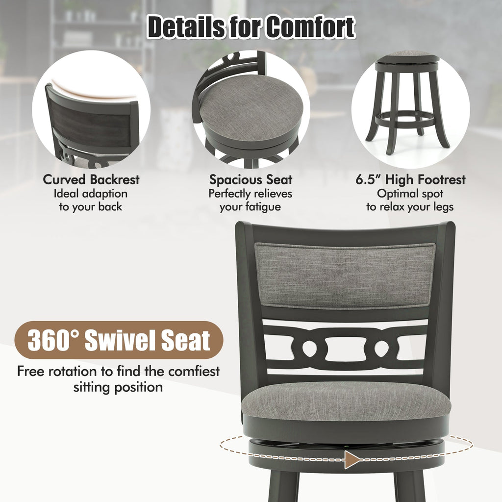 26" Counter Height Bar Chair with Wooden Frame Swivel Seat and Footrest for Pub Bar Restaurant
