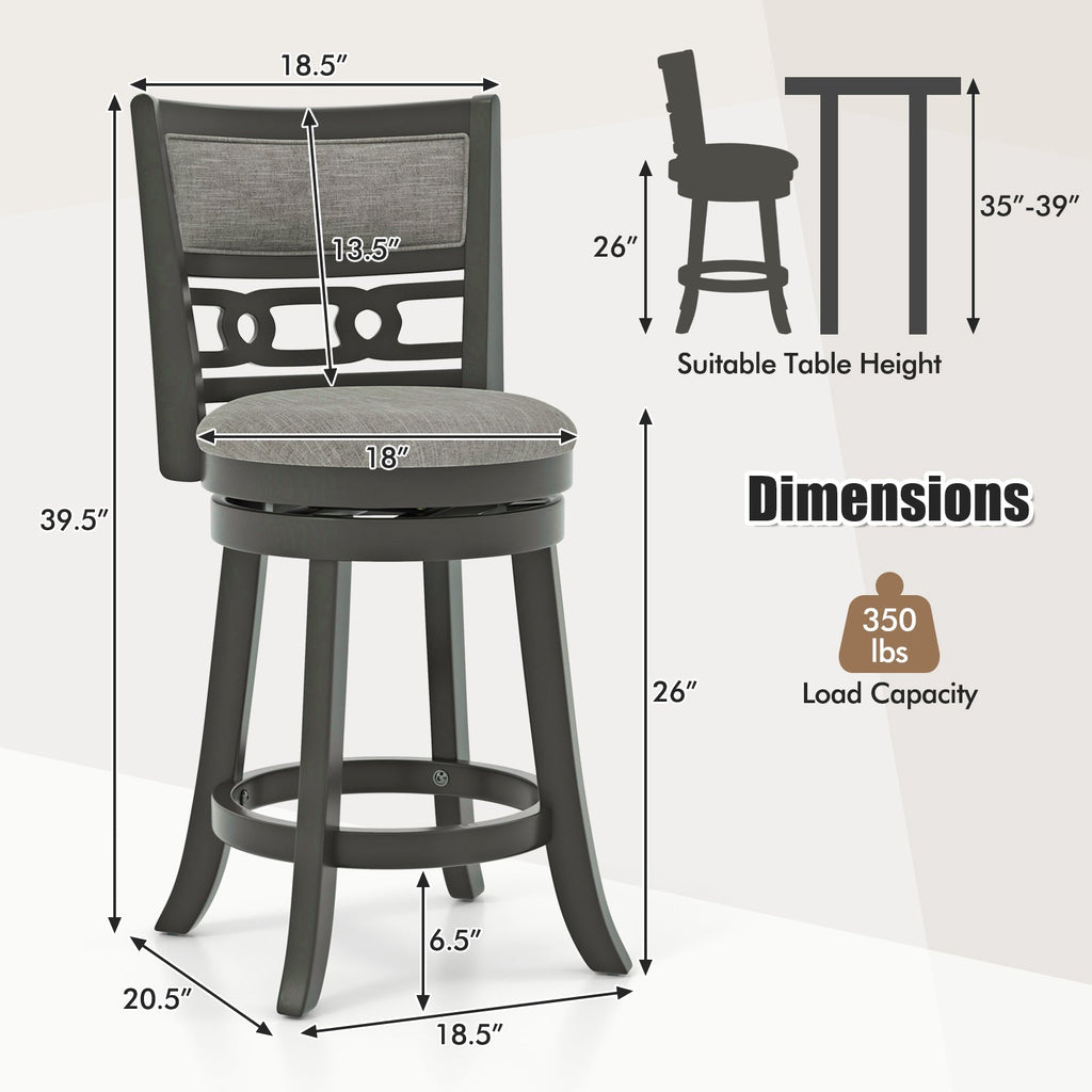 26" Counter Height Bar Chair with Wooden Frame Swivel Seat and Footrest for Pub Bar Restaurant
