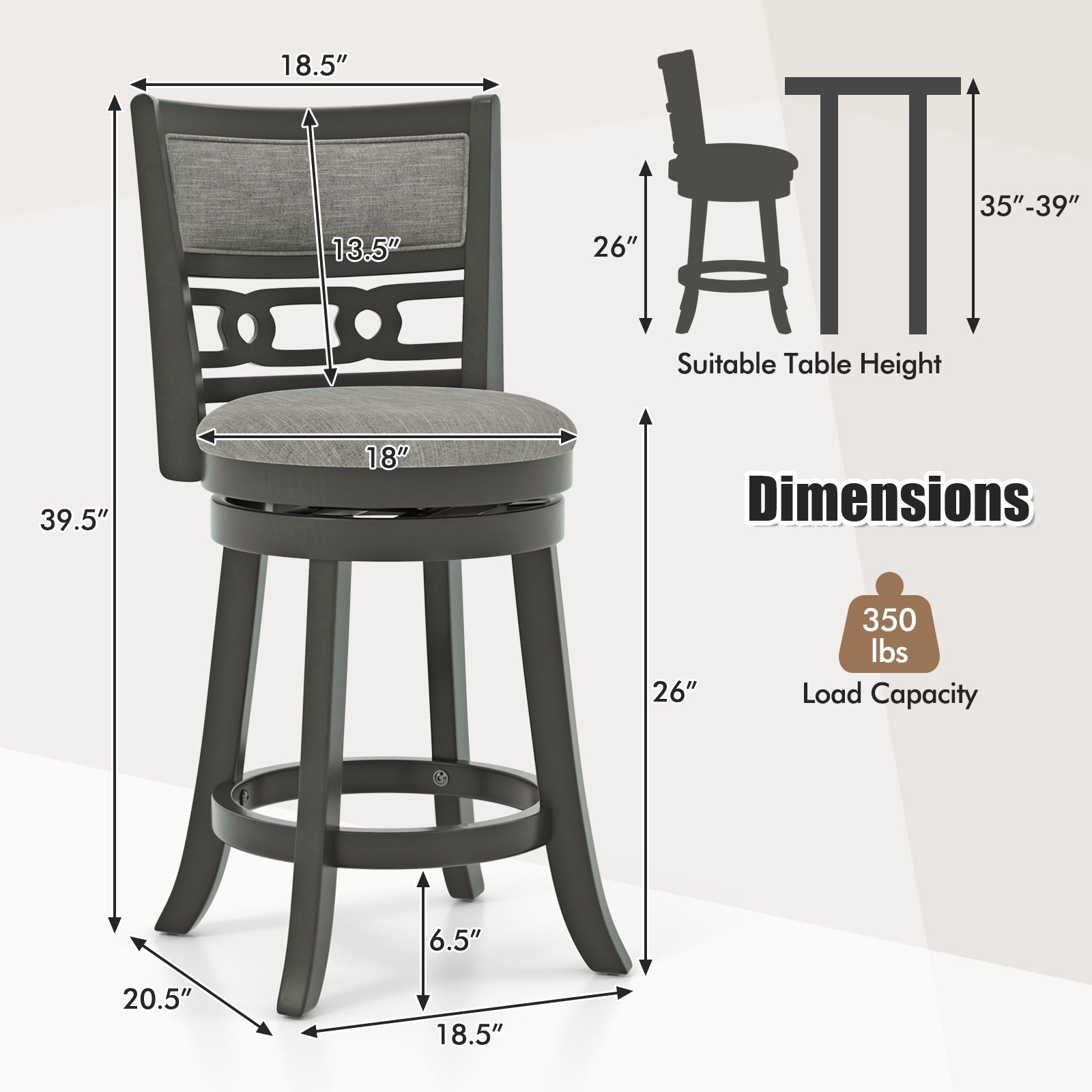 26" Counter Height Bar Chair with Wooden Frame Swivel Seat and Footrest for Pub Bar Restaurant