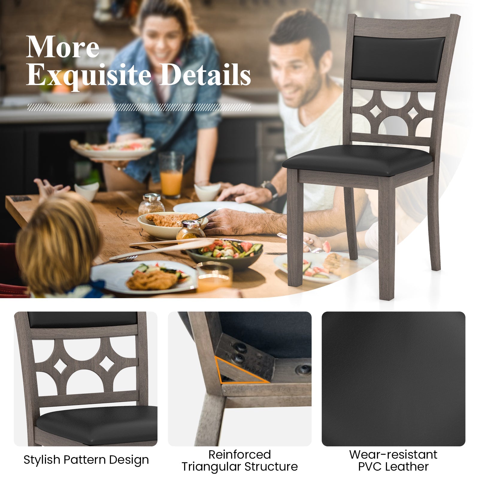 Upholstered Dining Chair Set of 2 with Padded Backrest and Seat-Gray