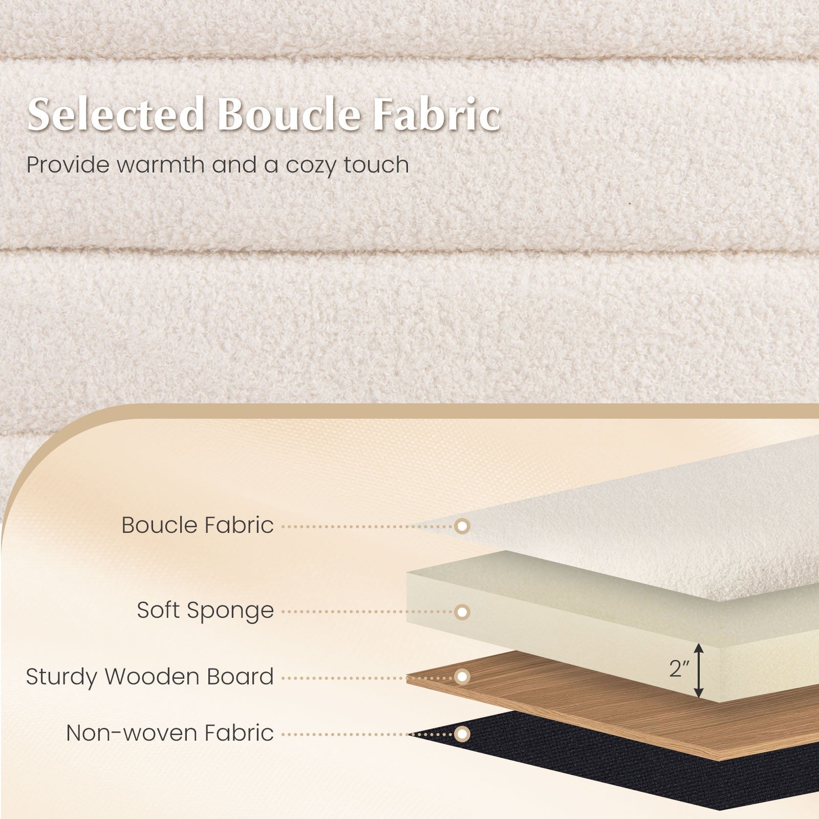 Upholstered Fabric Storage Ottoman Bench for End of Bed with 2 Struts-White