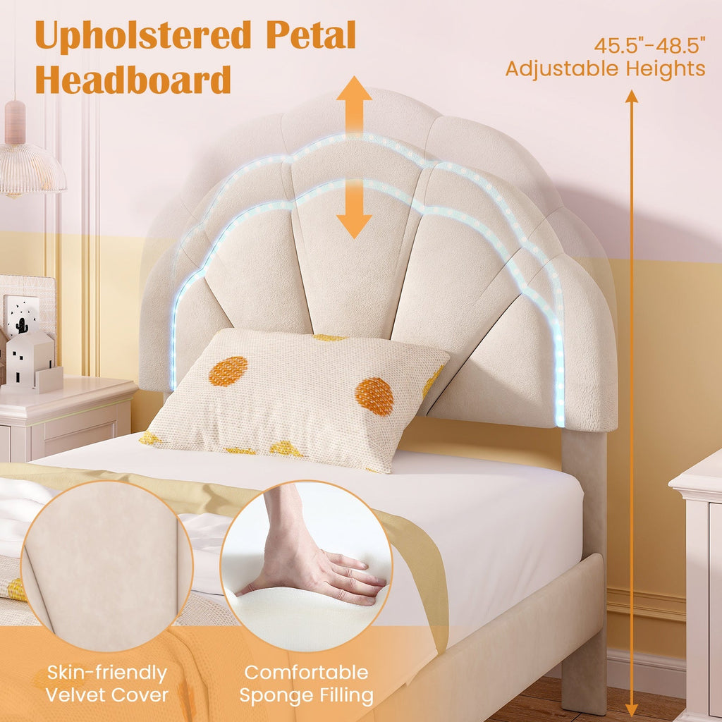 Upholstered LED Bed Frame with Adjustable Flower Headboard and Metal Support Feet-Twin Size
