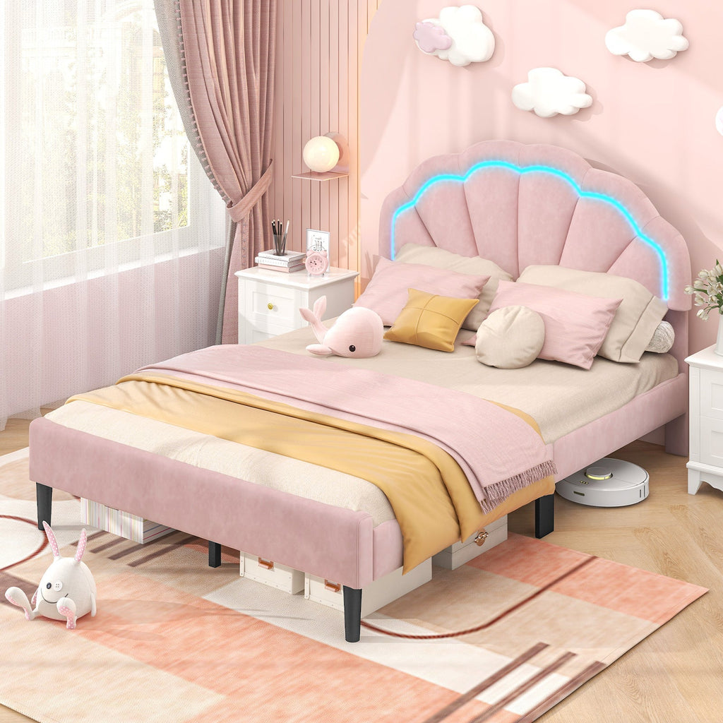Upholstered LED Bed Frame with Adjustable Flower Headboard and Metal Support Feet Pink