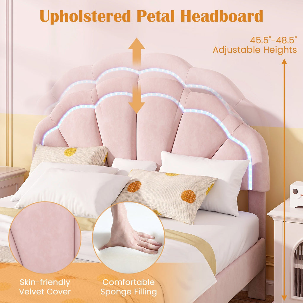 Upholstered LED Bed Frame with Adjustable Flower Headboard and Metal Support Feet Pink