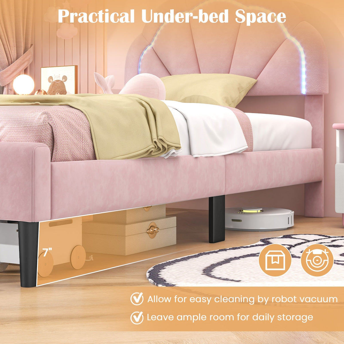 Upholstered LED Bed Frame with Adjustable Flower Headboard and Metal Support Feet Pink