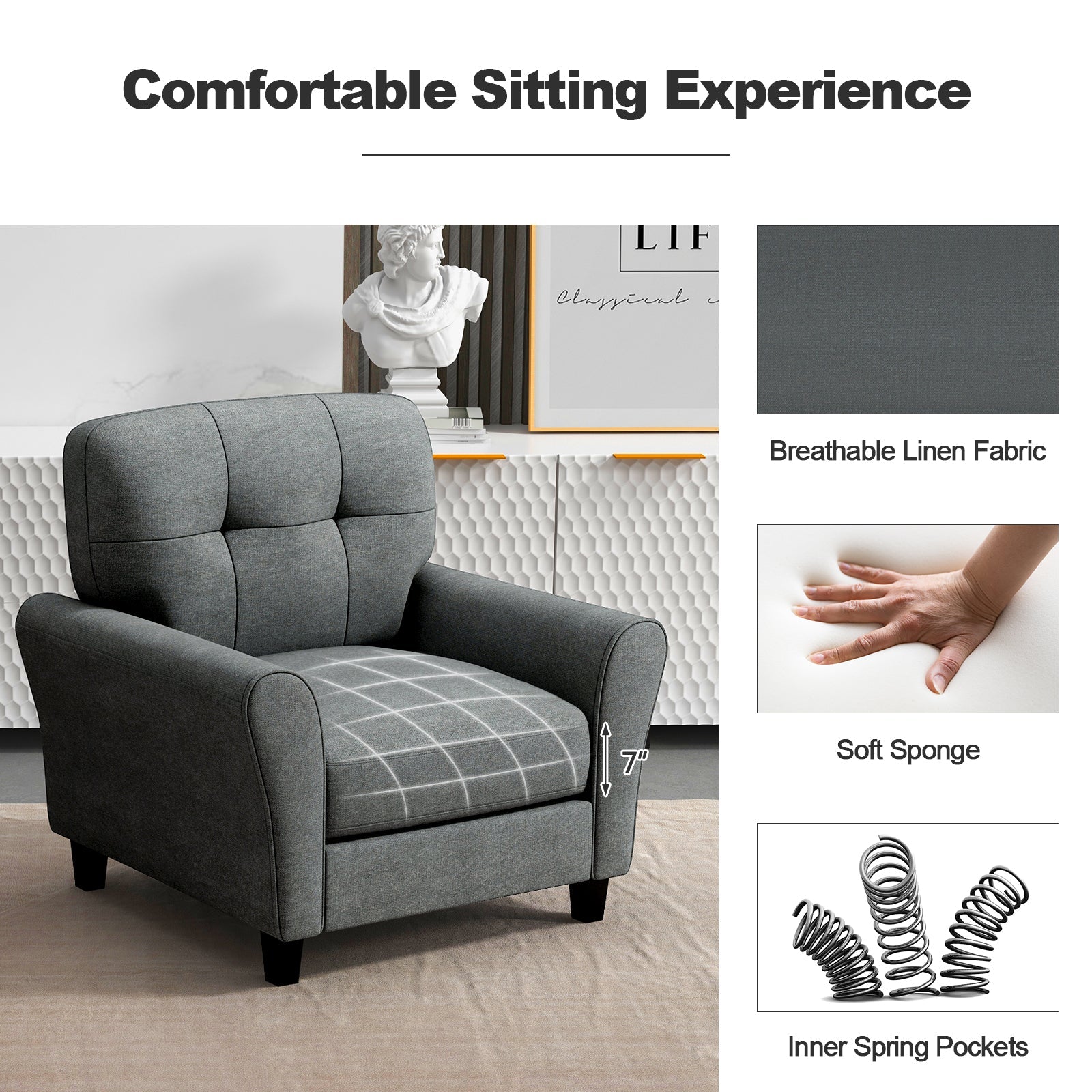 Modern Upholstered Accent Chair with Rubber Wood Legs