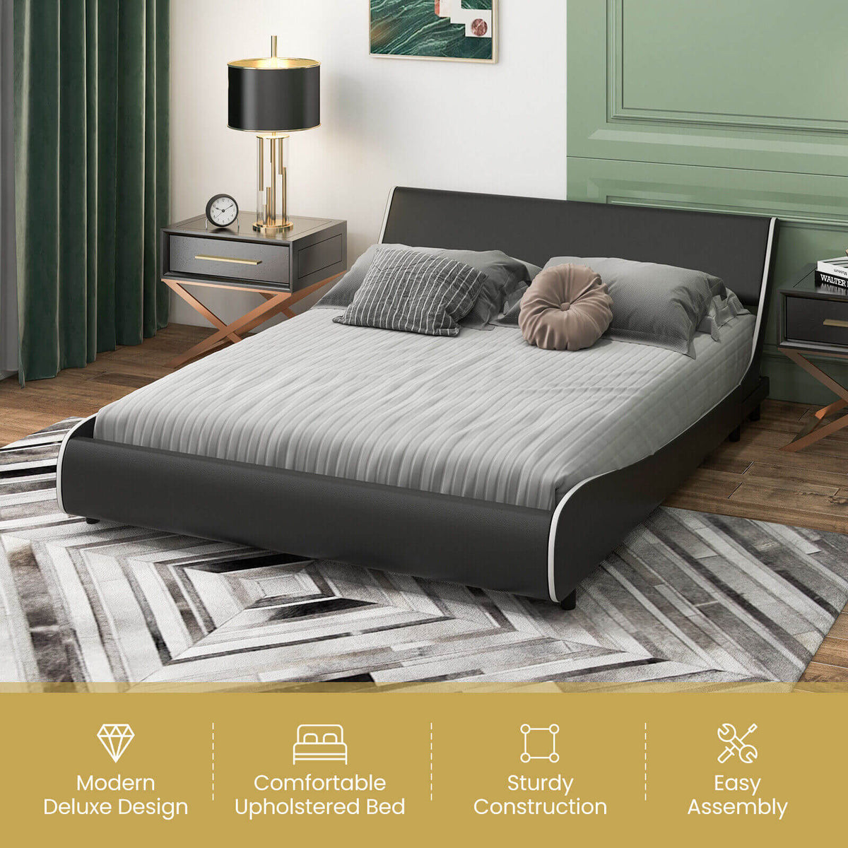 Upholstered Platform Bed Frame Low Profile Faux Leather with Curved Headboard